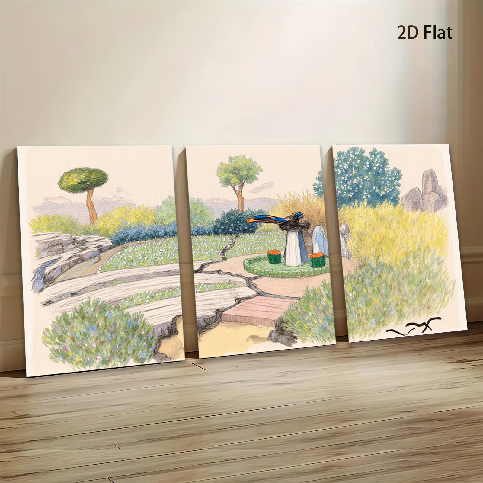 2D flat 1pc Rustic bridge leads to stone fountain garden landscape wall art for living room bedroom home decor farmhouse style