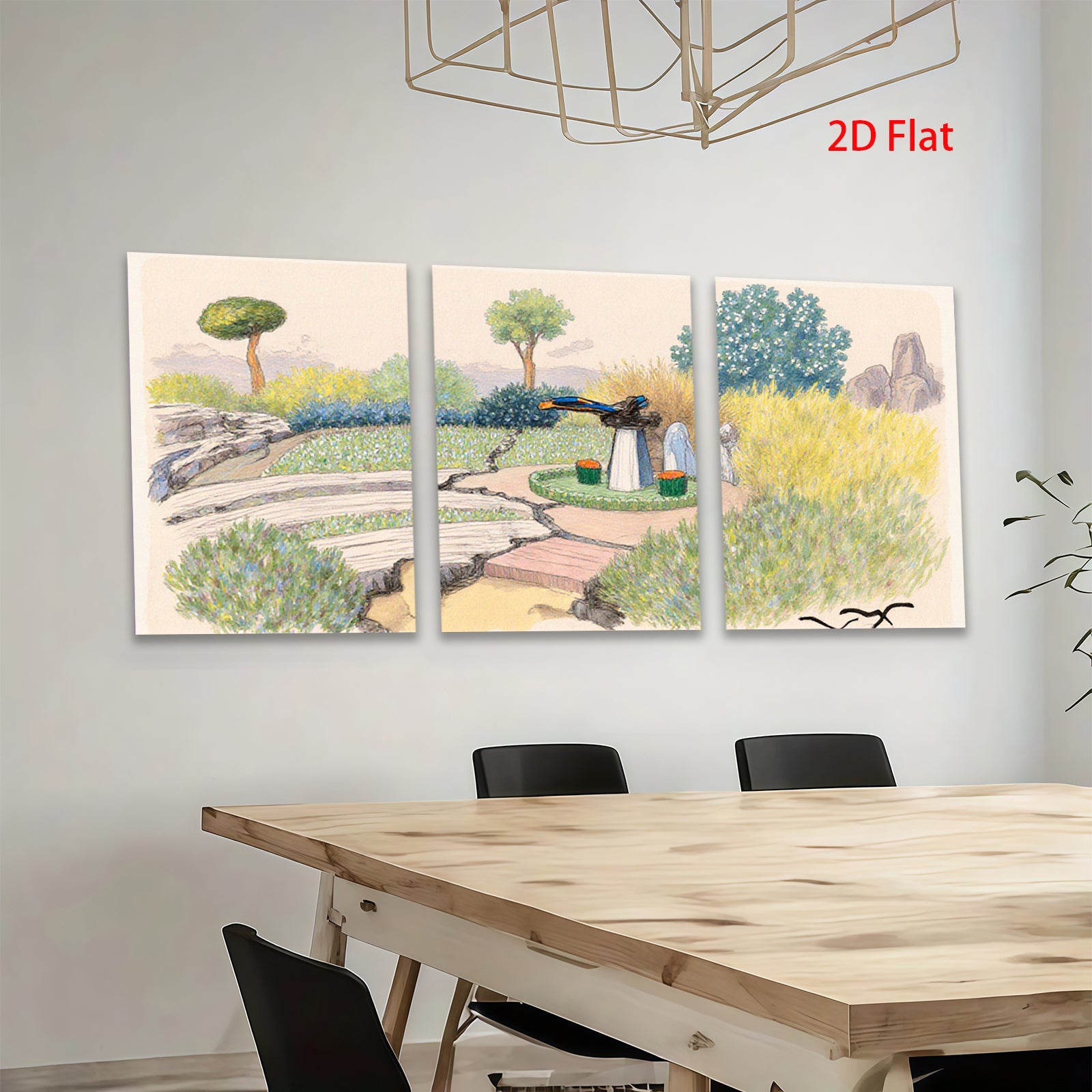 2D flat 1pc Rustic bridge leads to stone fountain garden landscape wall art for living room bedroom home decor farmhouse style