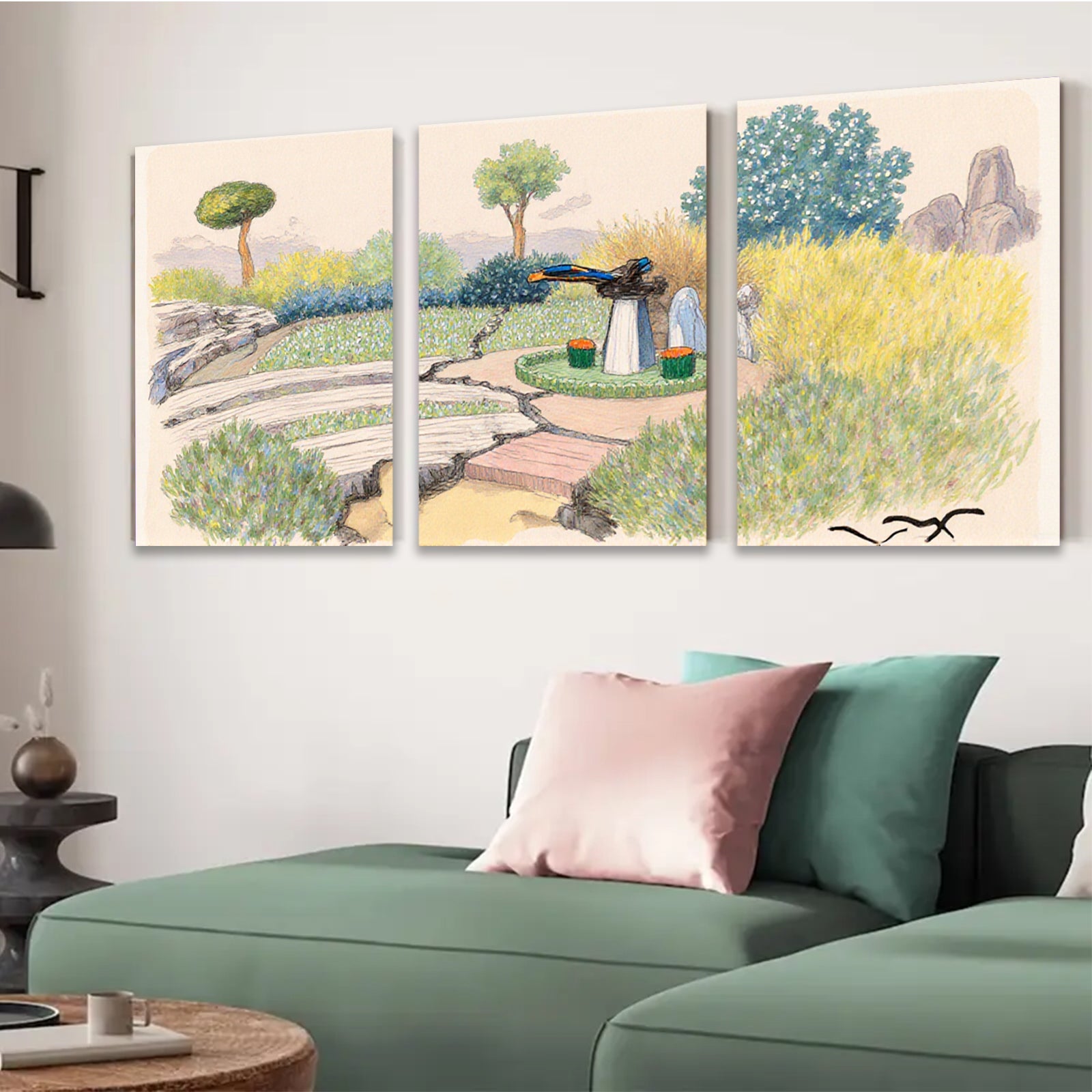 2D flat 1pc Rustic bridge leads to stone fountain garden landscape wall art for living room bedroom home decor farmhouse style