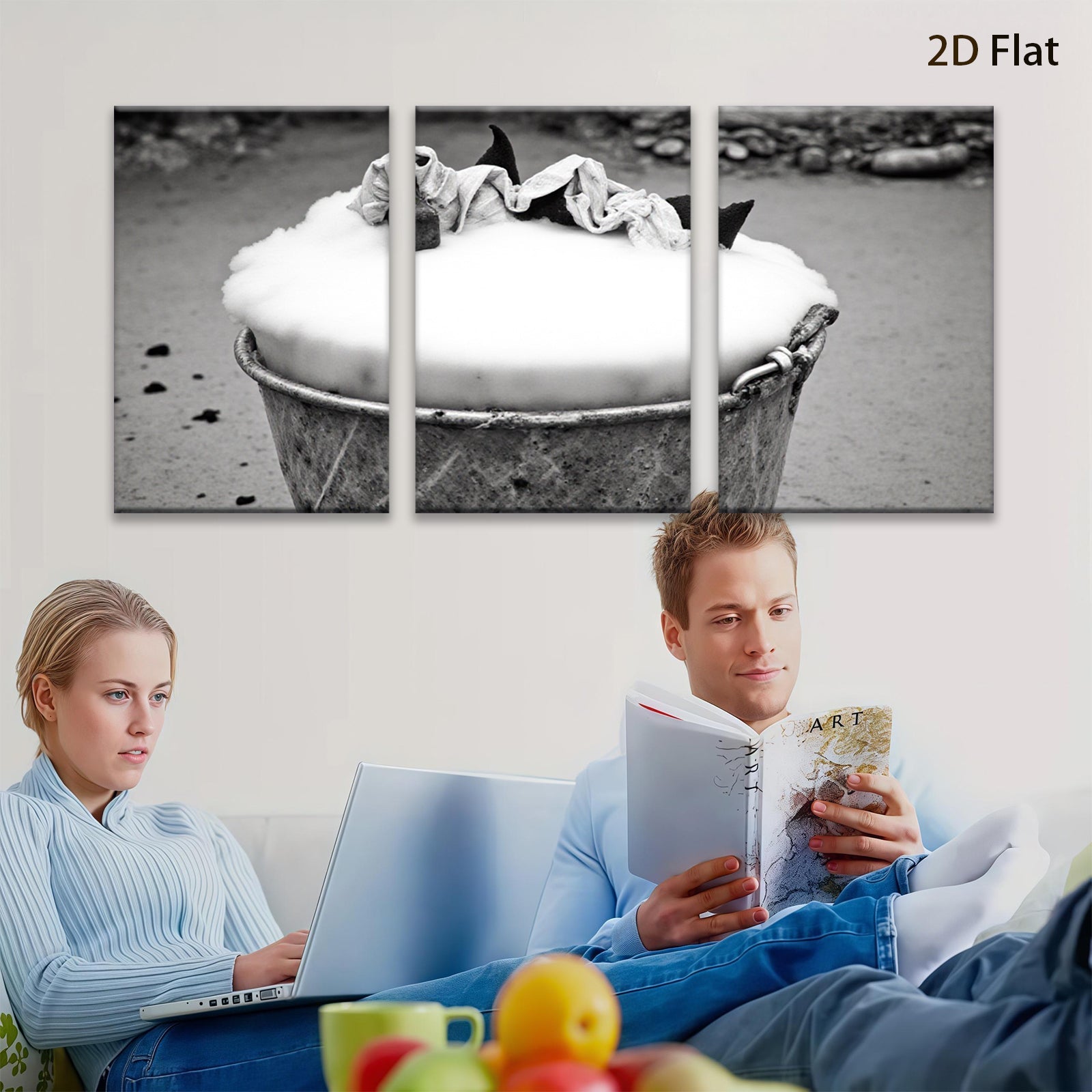 2D flat 1pc Rustic galvanized bucket filled with white foam farmhouse wall decor living room bedroom gallery wrapped canvas print modern minimalist art