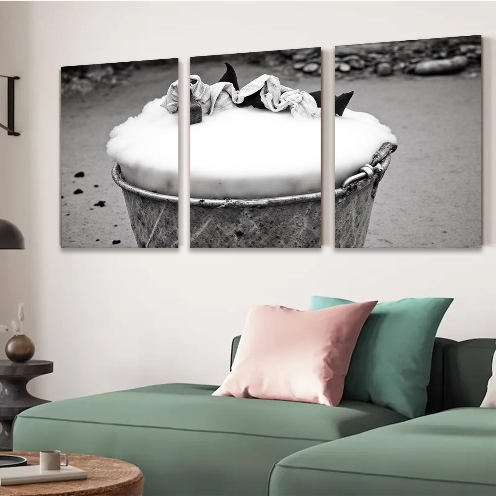 2D flat 1pc Rustic galvanized bucket filled with white foam farmhouse wall decor living room bedroom gallery wrapped canvas print modern minimalist art