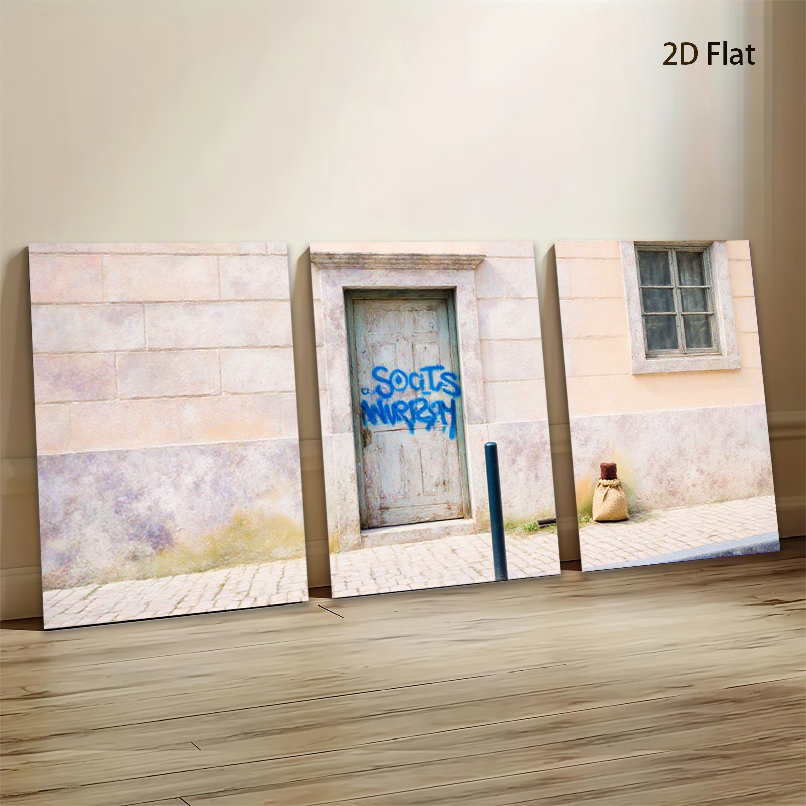 2D flat 1pc Rustic weathered door street scene wall art canvas prints for living room bedroom farmhouse decor gallery wrapped modern minimalist style
