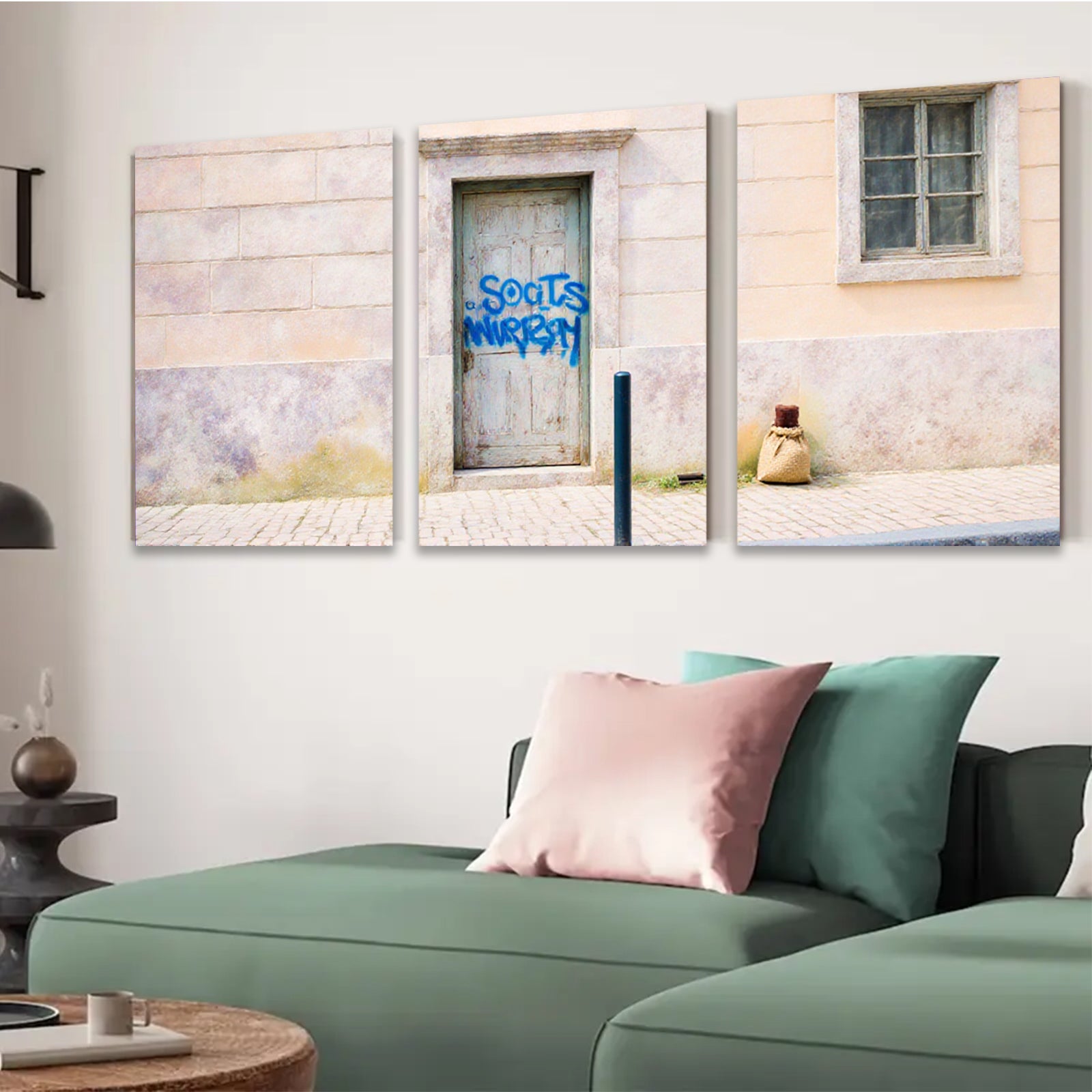 2D flat 1pc Rustic weathered door street scene wall art canvas prints for living room bedroom farmhouse decor gallery wrapped modern minimalist style