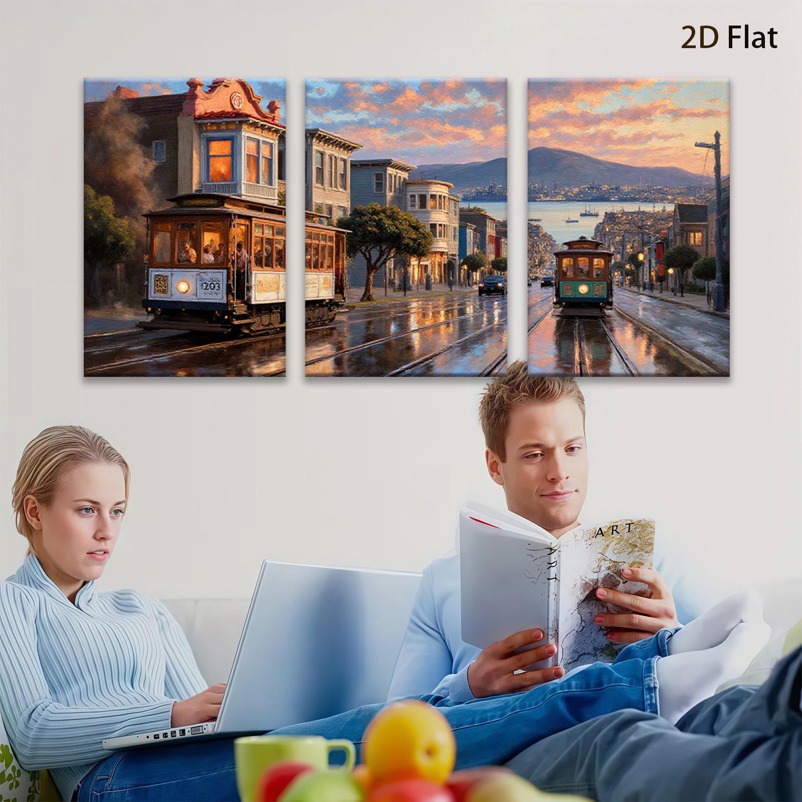 2D flat 1pc San Francisco Cable Car Street View Cityscape Wall Art Living Room Bedroom Decor Modern Farmhouse Gallery Wrapped Canvas Prints Ready to Hang