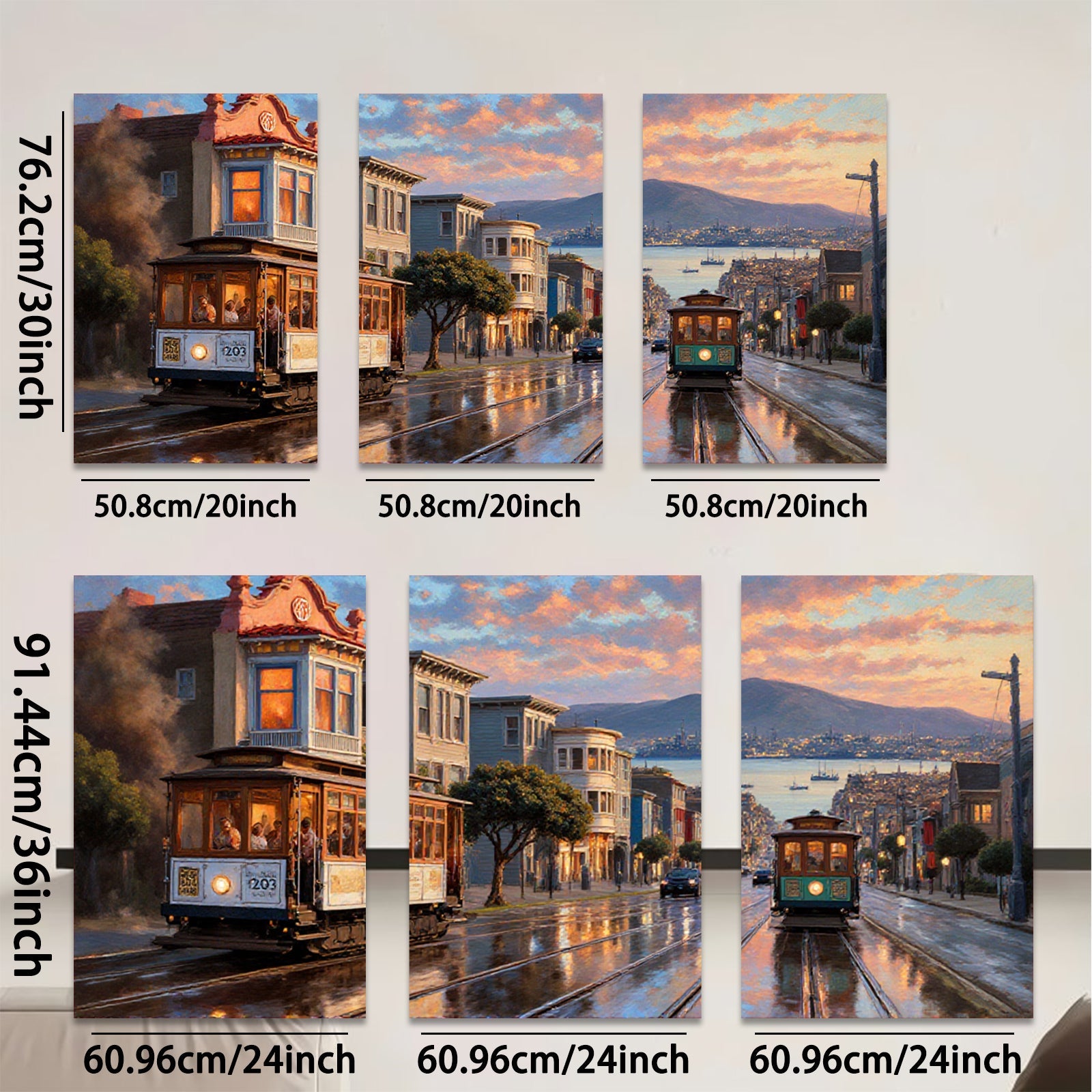 2D flat 1pc San Francisco Cable Car Street View Cityscape Wall Art Living Room Bedroom Decor Modern Farmhouse Gallery Wrapped Canvas Prints Ready to Hang