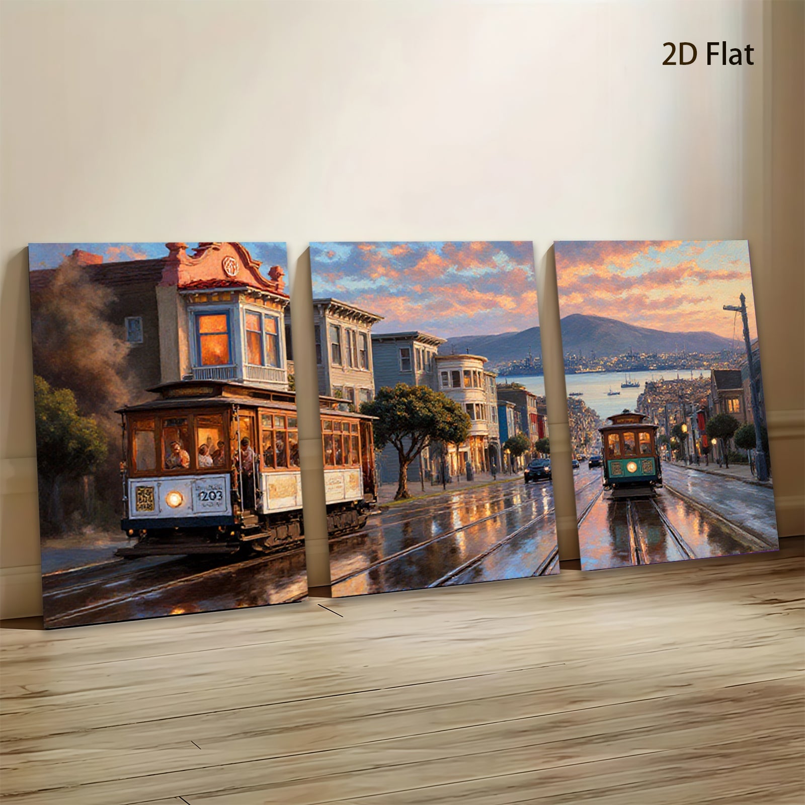 2D flat 1pc San Francisco Cable Car Street View Cityscape Wall Art Living Room Bedroom Decor Modern Farmhouse Gallery Wrapped Canvas Prints Ready to Hang