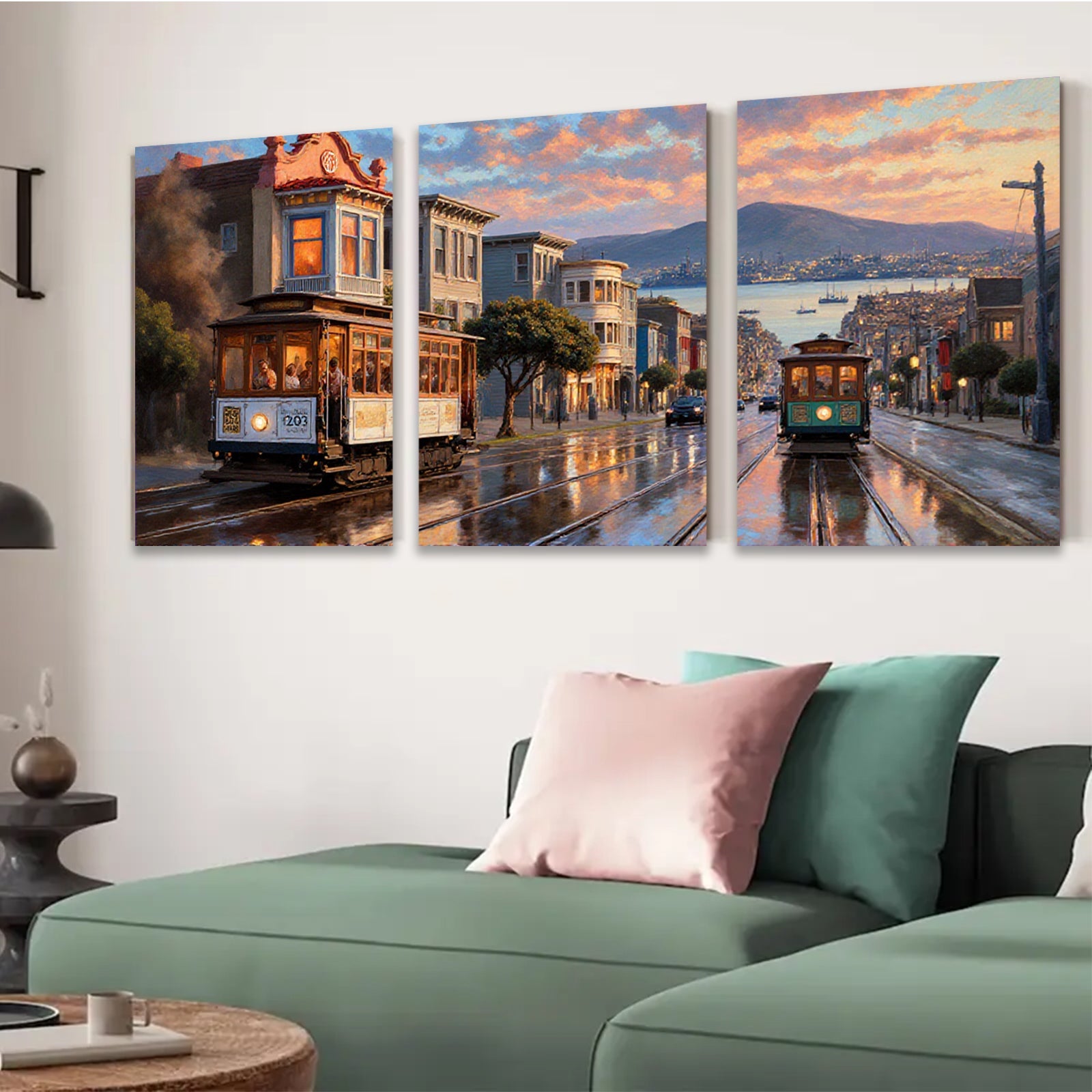 2D flat 1pc San Francisco Cable Car Street View Cityscape Wall Art Living Room Bedroom Decor Modern Farmhouse Gallery Wrapped Canvas Prints Ready to Hang