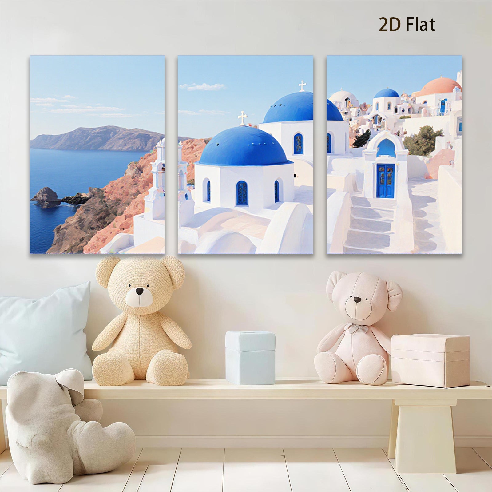 2D flat 1pc Santorini Greece coastal village blue dome church wall art canvas prints for living room bedroom decor farmhouse style inspirational modern minimalist