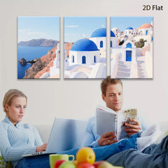 2D flat 1pc Santorini Greece coastal village blue dome church wall art canvas prints for living room bedroom decor farmhouse style inspirational modern minimalist