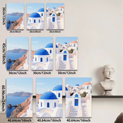 2D flat 1pc Santorini Greece coastal village blue dome church wall art canvas prints for living room bedroom decor farmhouse style inspirational modern minimalist
