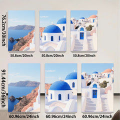 2D flat 1pc Santorini Greece coastal village blue dome church wall art canvas prints for living room bedroom decor farmhouse style inspirational modern minimalist