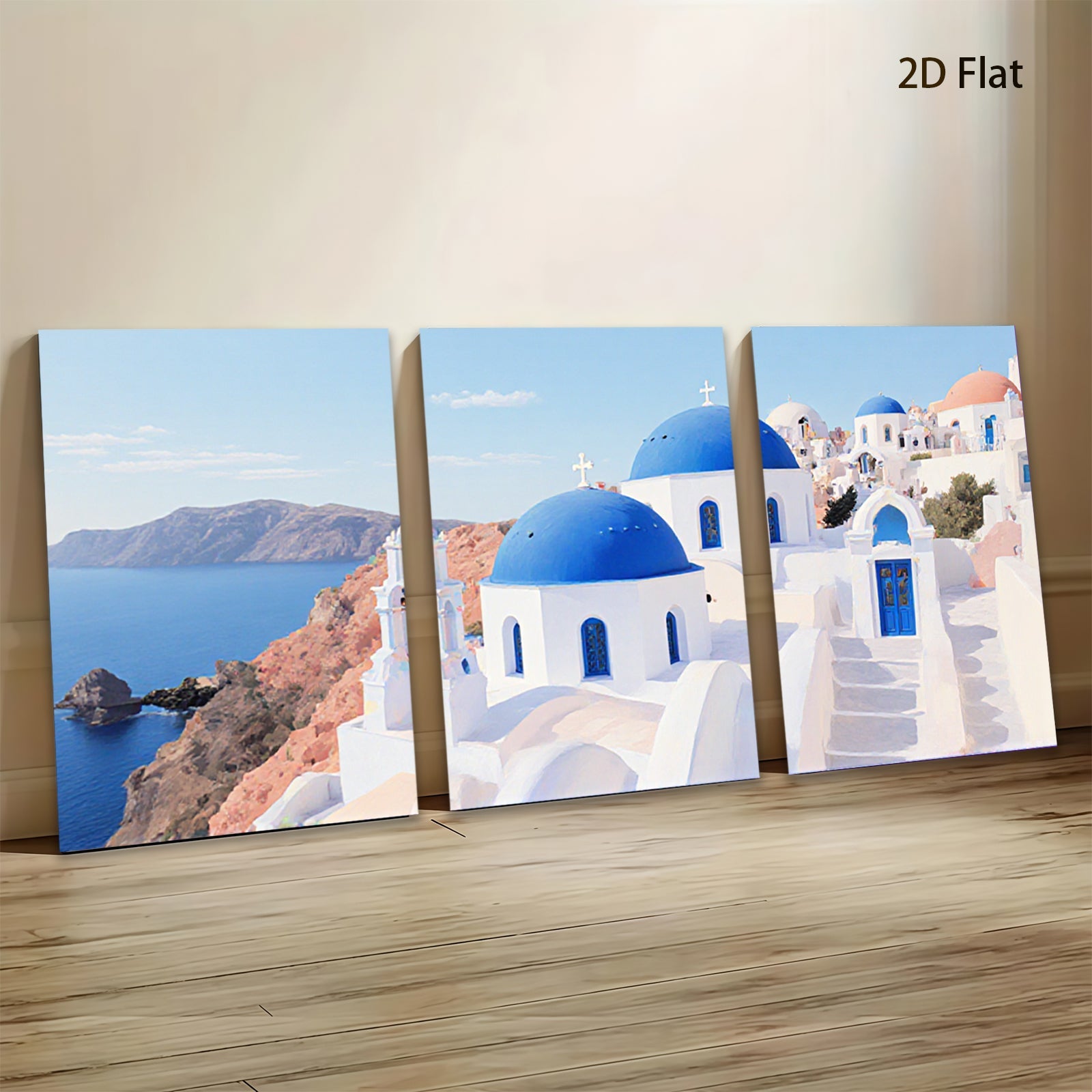 2D flat 1pc Santorini Greece coastal village blue dome church wall art canvas prints for living room bedroom decor farmhouse style inspirational modern minimalist