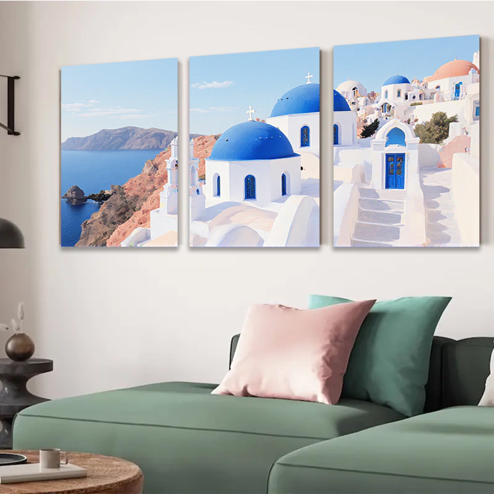 2D flat 1pc Santorini Greece coastal village blue dome church wall art canvas prints for living room bedroom decor farmhouse style inspirational modern minimalist