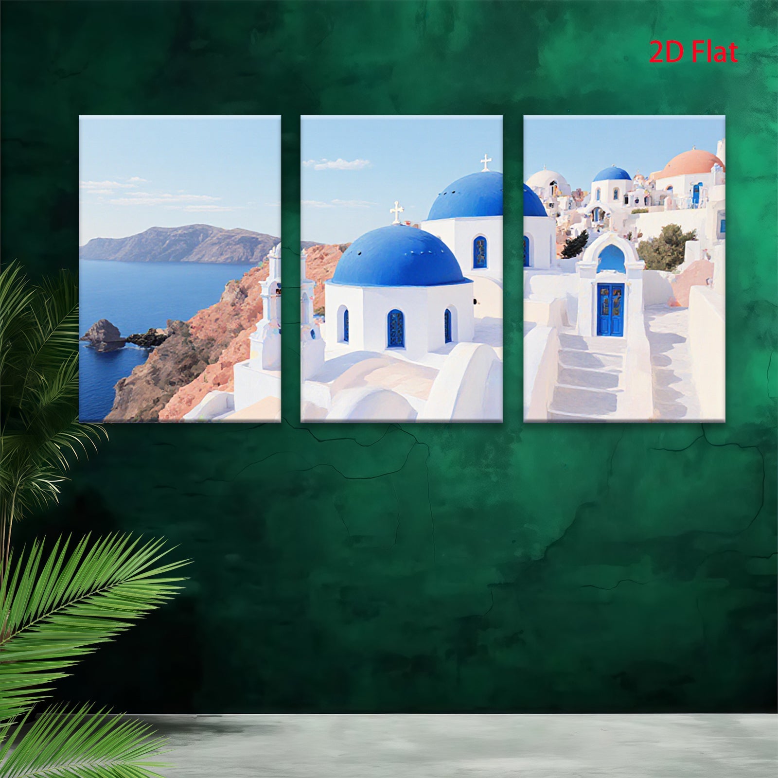 2D flat 1pc Santorini Greece coastal village blue dome church wall art canvas prints for living room bedroom decor farmhouse style inspirational modern minimalist