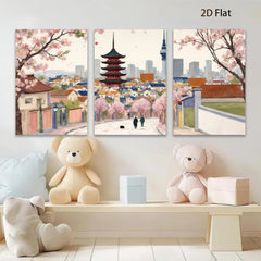 2D flat 1pc Seoul springtime blossom view city landscape wall art decor for living room bedroom office modern farmhouse style