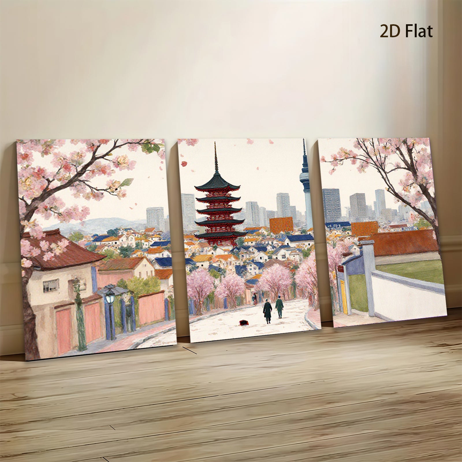 2D flat 1pc Seoul springtime blossom view city landscape wall art decor for living room bedroom office modern farmhouse style
