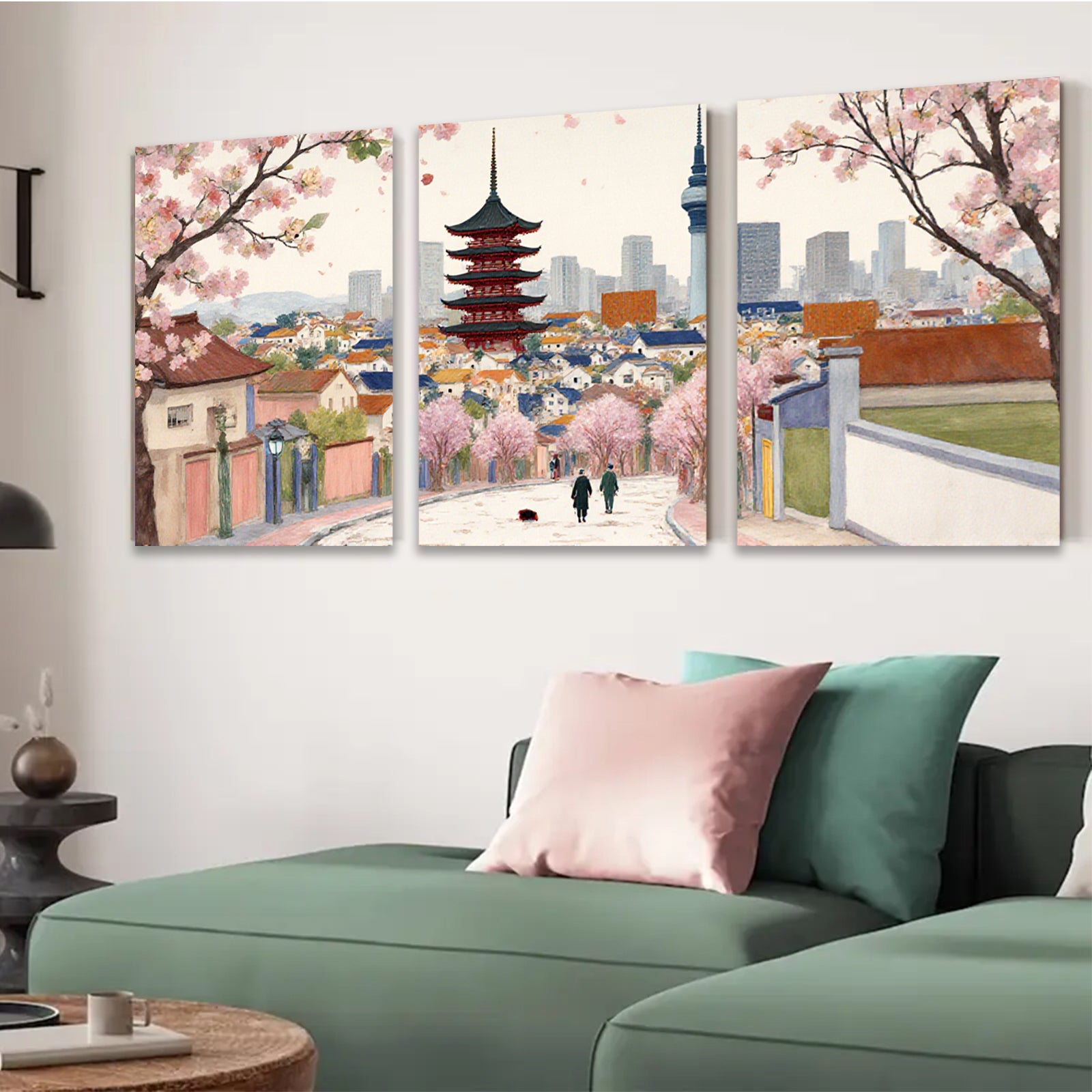 2D flat 1pc Seoul springtime blossom view city landscape wall art decor for living room bedroom office modern farmhouse style