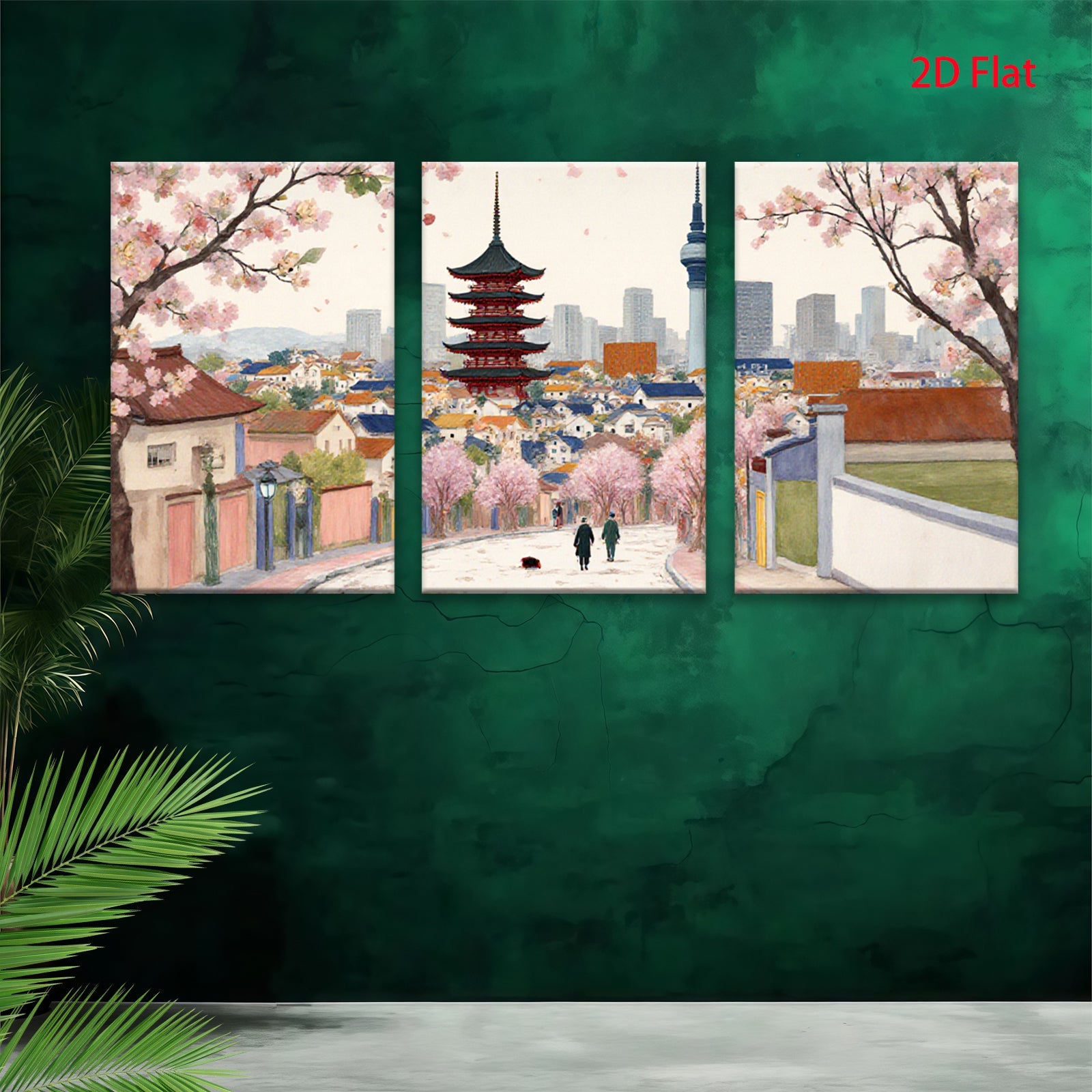 2D flat 1pc Seoul springtime blossom view city landscape wall art decor for living room bedroom office modern farmhouse style
