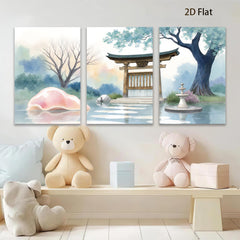 2D flat 1pc Serene Japanese Garden Landscape Wall Art Decor for Living Room Bedroom Office Modern Farmhouse Gallery Wrapped Canvas Prints Home Decor