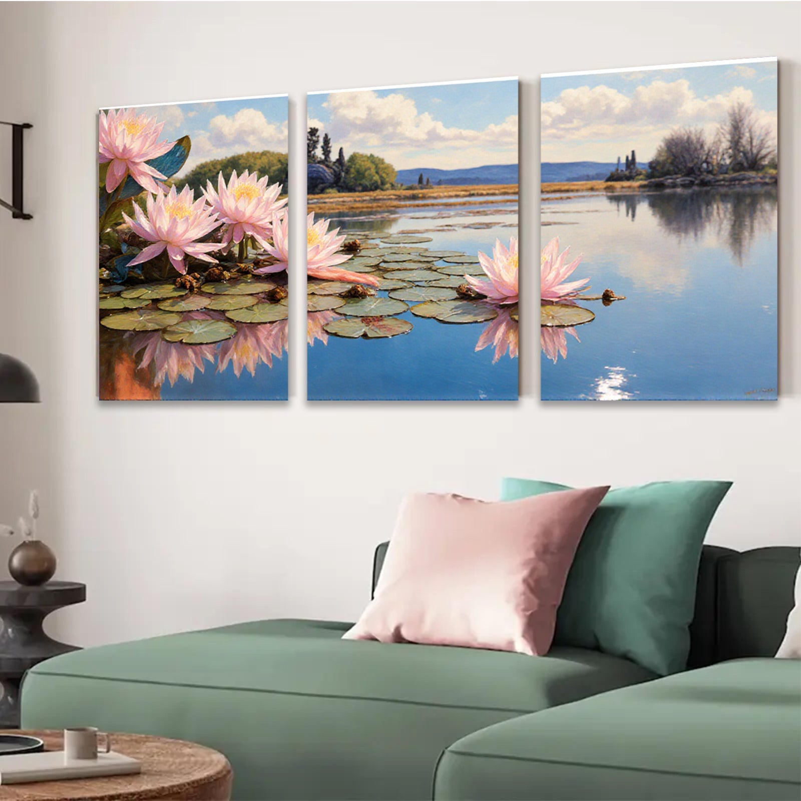 2D flat 1pc Serene Lily Pond Landscape Wall Art for Living Room Bedroom Home Decor Floral Canvas Prints Modern Farmhouse Style Gallery Wrapped Ready to Hang