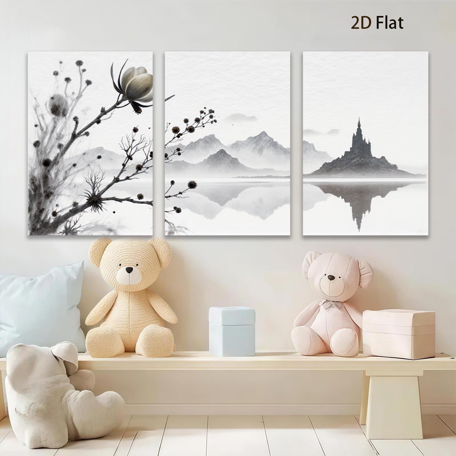 2D flat 1pc Serene lakeside mountainscape blossom wall art canvas prints for living room bedroom home office decor farmhouse style modern minimalist gallery wrapped