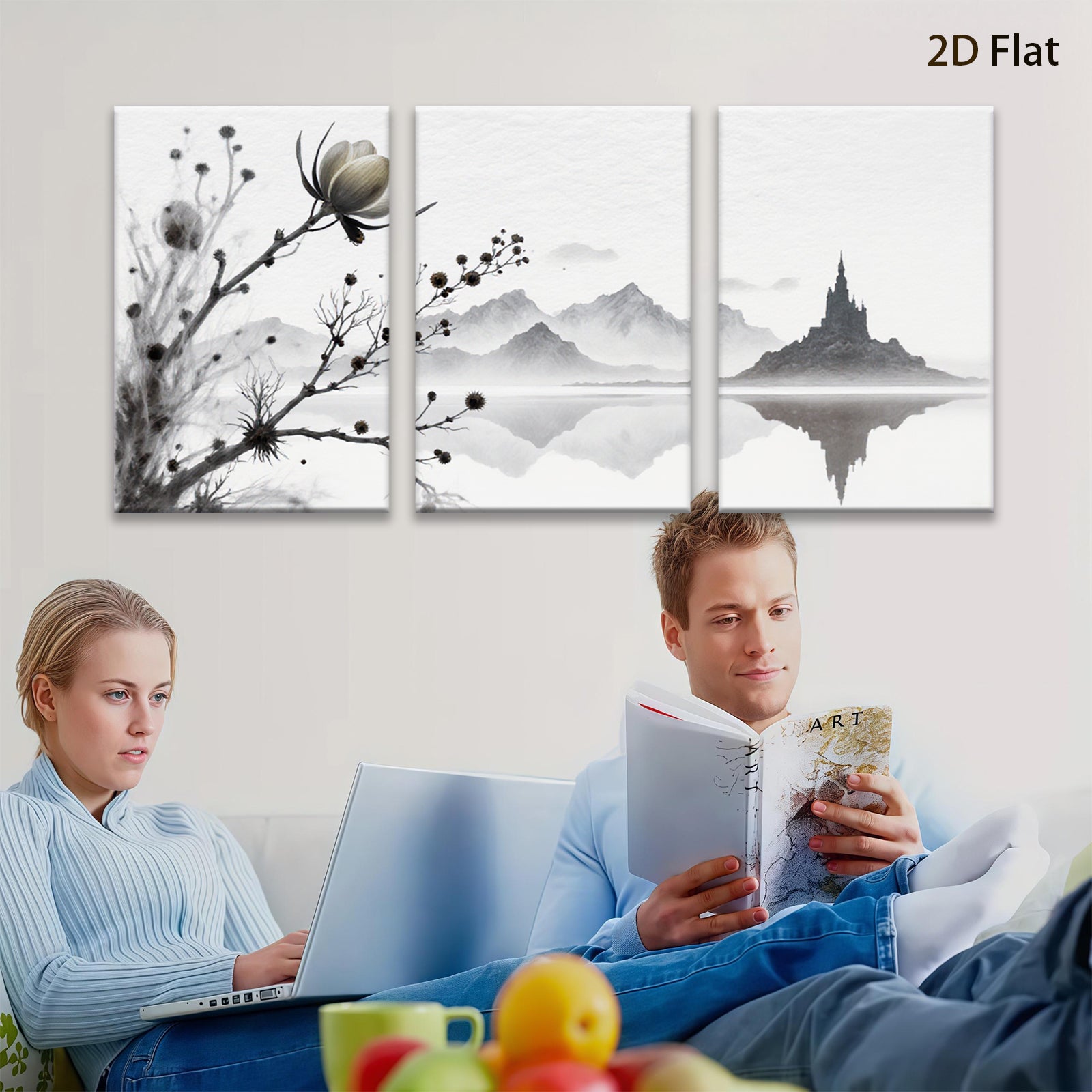 2D flat 1pc Serene lakeside mountainscape blossom wall art canvas prints for living room bedroom home office decor farmhouse style modern minimalist gallery wrapped