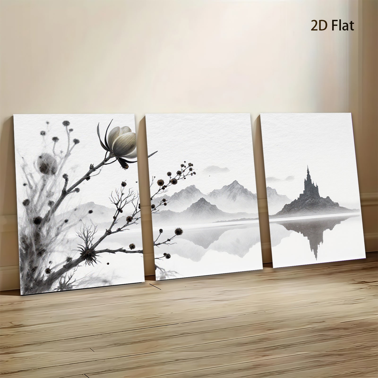 2D flat 1pc Serene lakeside mountainscape blossom wall art canvas prints for living room bedroom home office decor farmhouse style modern minimalist gallery wrapped