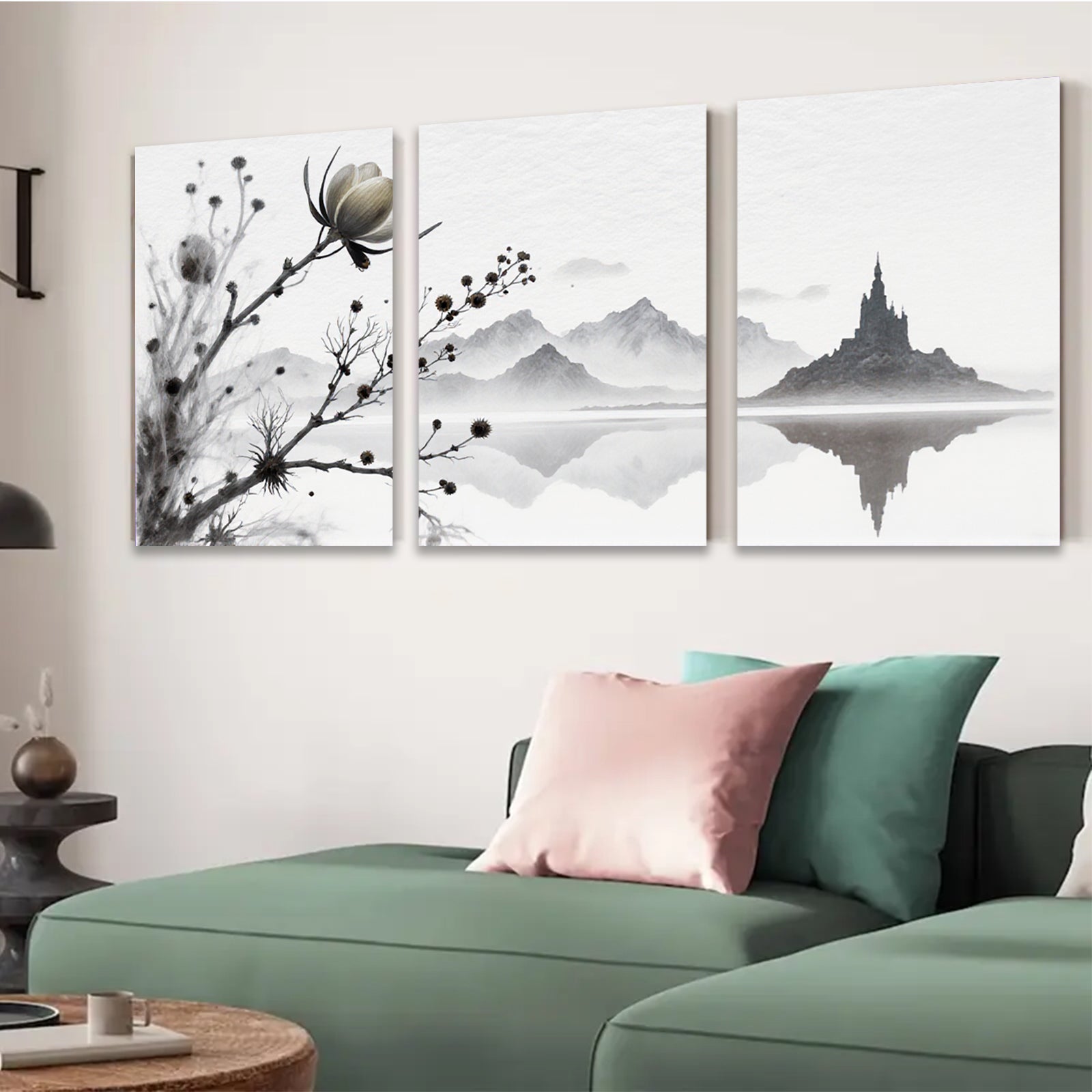 2D flat 1pc Serene lakeside mountainscape blossom wall art canvas prints for living room bedroom home office decor farmhouse style modern minimalist gallery wrapped