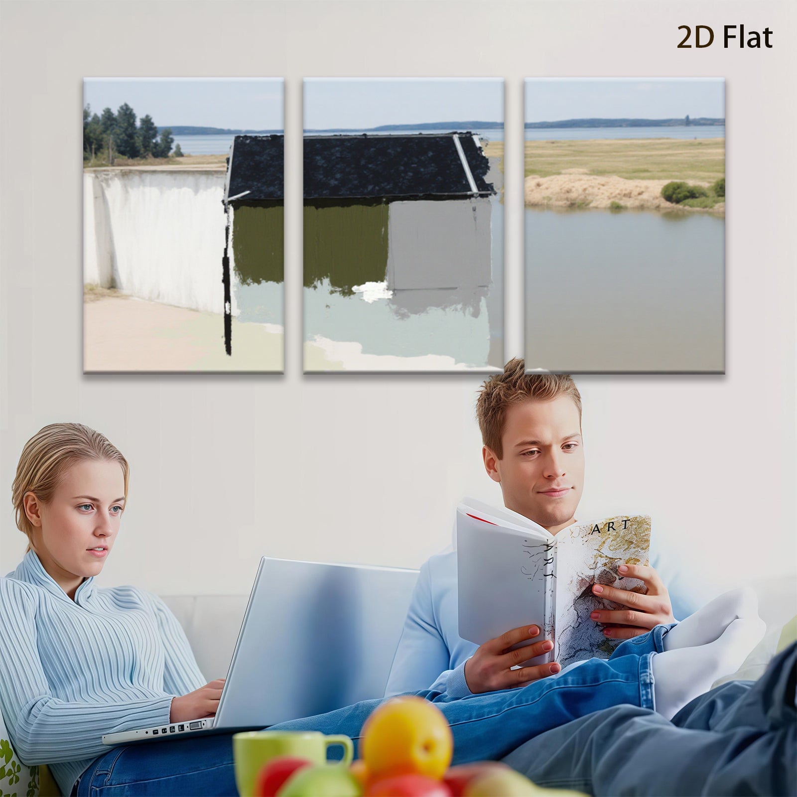 2D flat 1pc Serene lakeside reflection rustic cabin wall art for living room bedroom farmhouse decor gallery wrapped canvas prints modern minimalist style