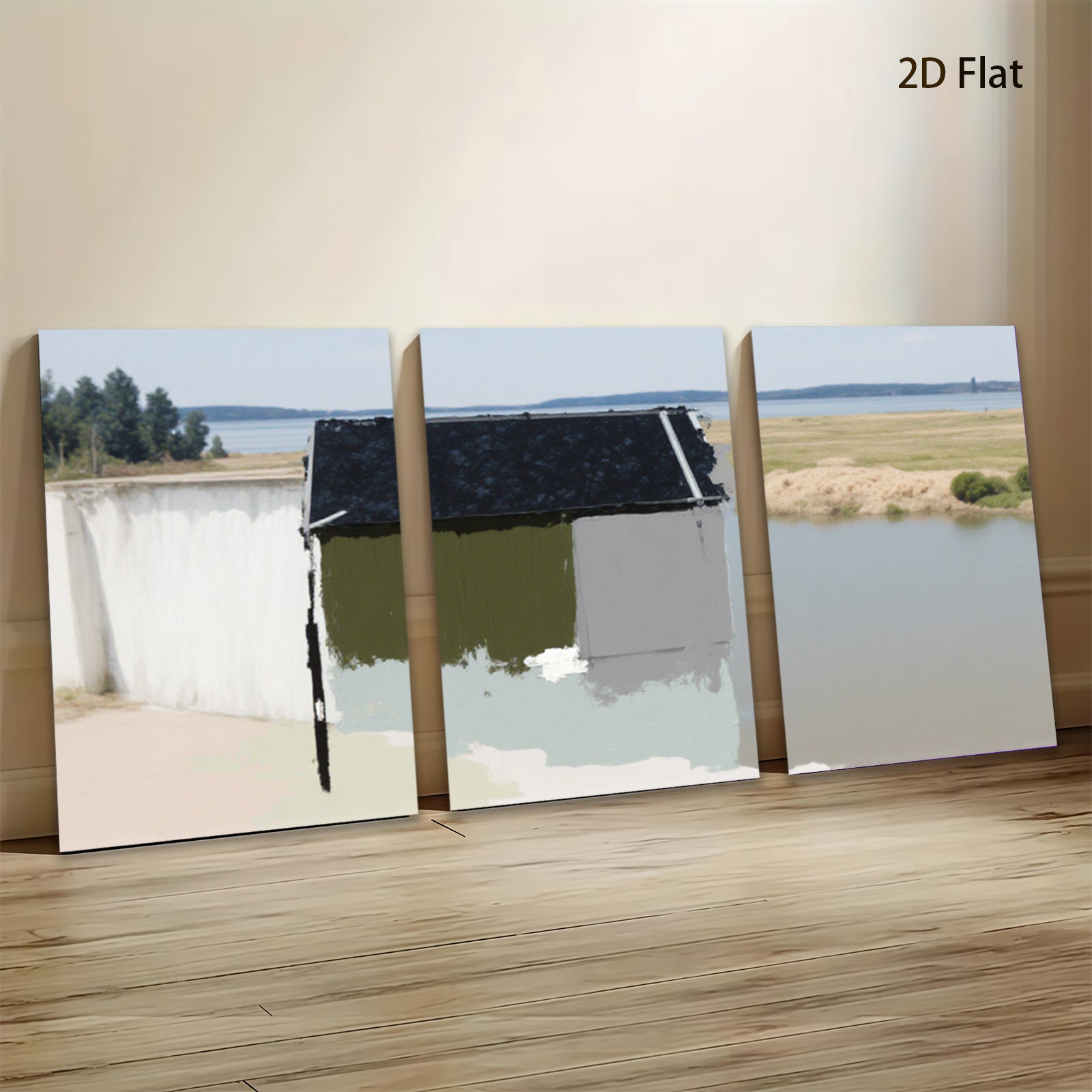 2D flat 1pc Serene lakeside reflection rustic cabin wall art for living room bedroom farmhouse decor gallery wrapped canvas prints modern minimalist style