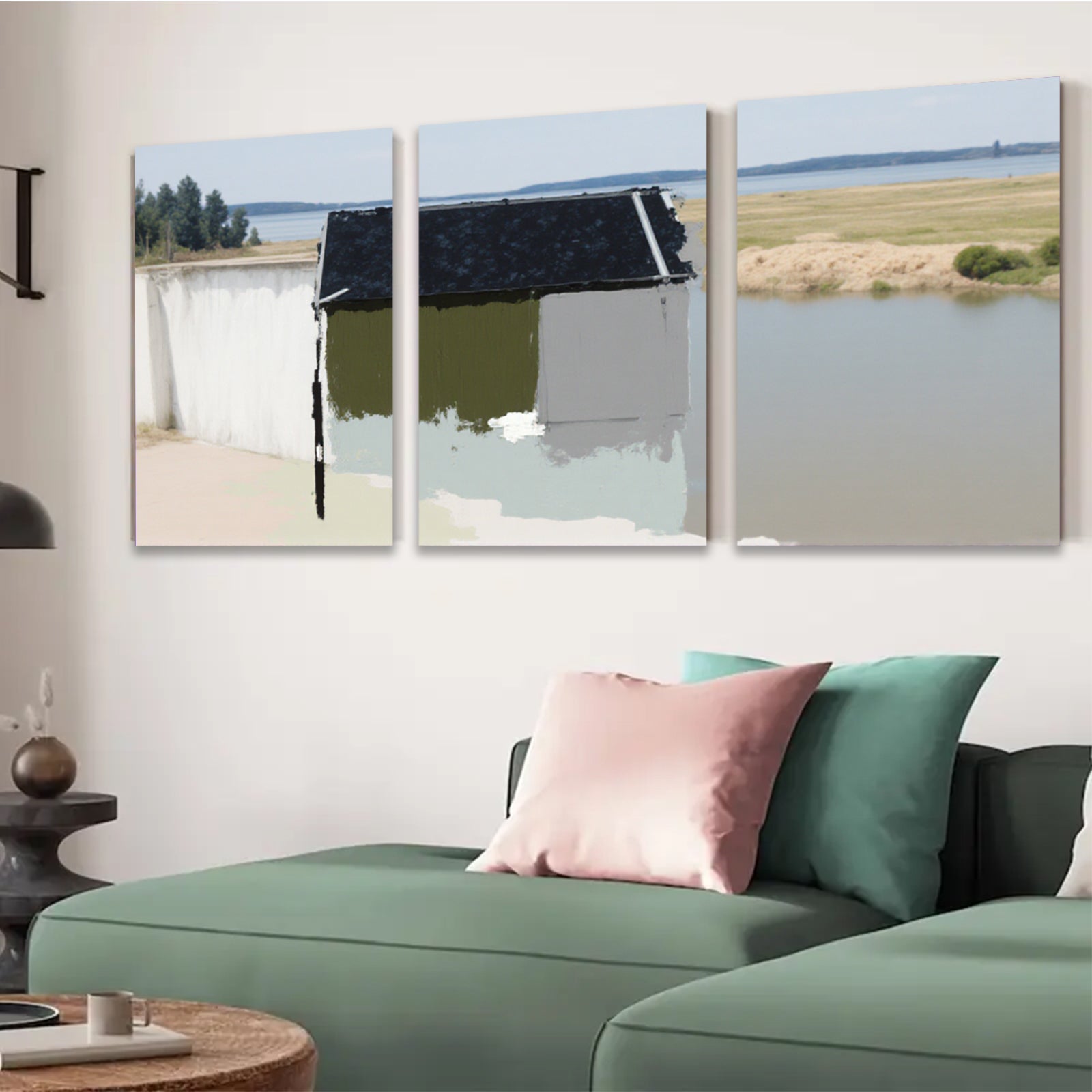 2D flat 1pc Serene lakeside reflection rustic cabin wall art for living room bedroom farmhouse decor gallery wrapped canvas prints modern minimalist style