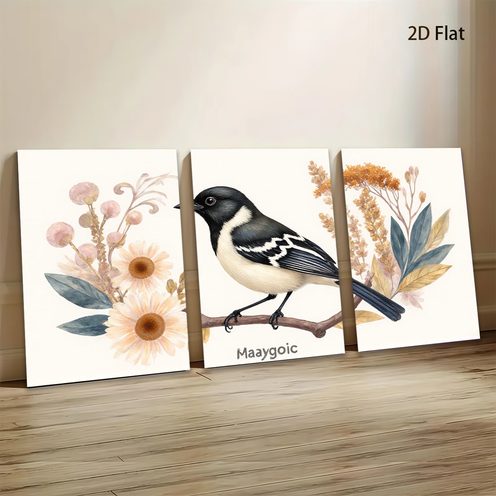 2D flat 1pc Songbird Perched on Branch Botanical Wall Art Living Room Bedroom Decor Farmhouse Style Gallery Wrapped Canvas Prints for Home Decoration