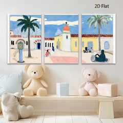 2D flat 1pc Spanish Colonial Revival architecture vibrant California scene perfect gallery wall art coastal living room decor farmhouse style statement piece