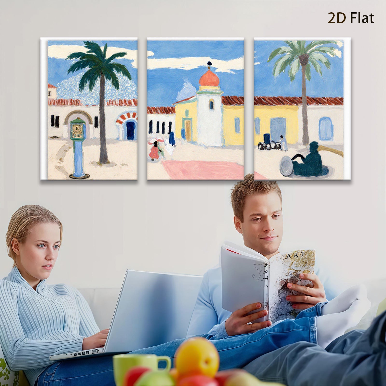 2D flat 1pc Spanish Colonial Revival architecture vibrant California scene perfect gallery wall art coastal living room decor farmhouse style statement piece