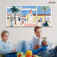 2D flat 1pc Spanish Colonial Revival architecture vibrant California scene perfect gallery wall art coastal living room decor farmhouse style statement piece
