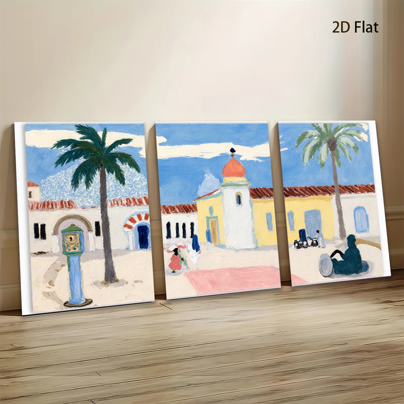 2D flat 1pc Spanish Colonial Revival architecture vibrant California scene perfect gallery wall art coastal living room decor farmhouse style statement piece