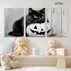2D flat 1pc Spooky Black Cat with Jack O Lantern Halloween Decor for Living Room Bedroom Gallery Wall Art Modern Farmhouse Style