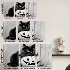 2D flat 1pc Spooky Black Cat with Jack O Lantern Halloween Decor for Living Room Bedroom Gallery Wall Art Modern Farmhouse Style