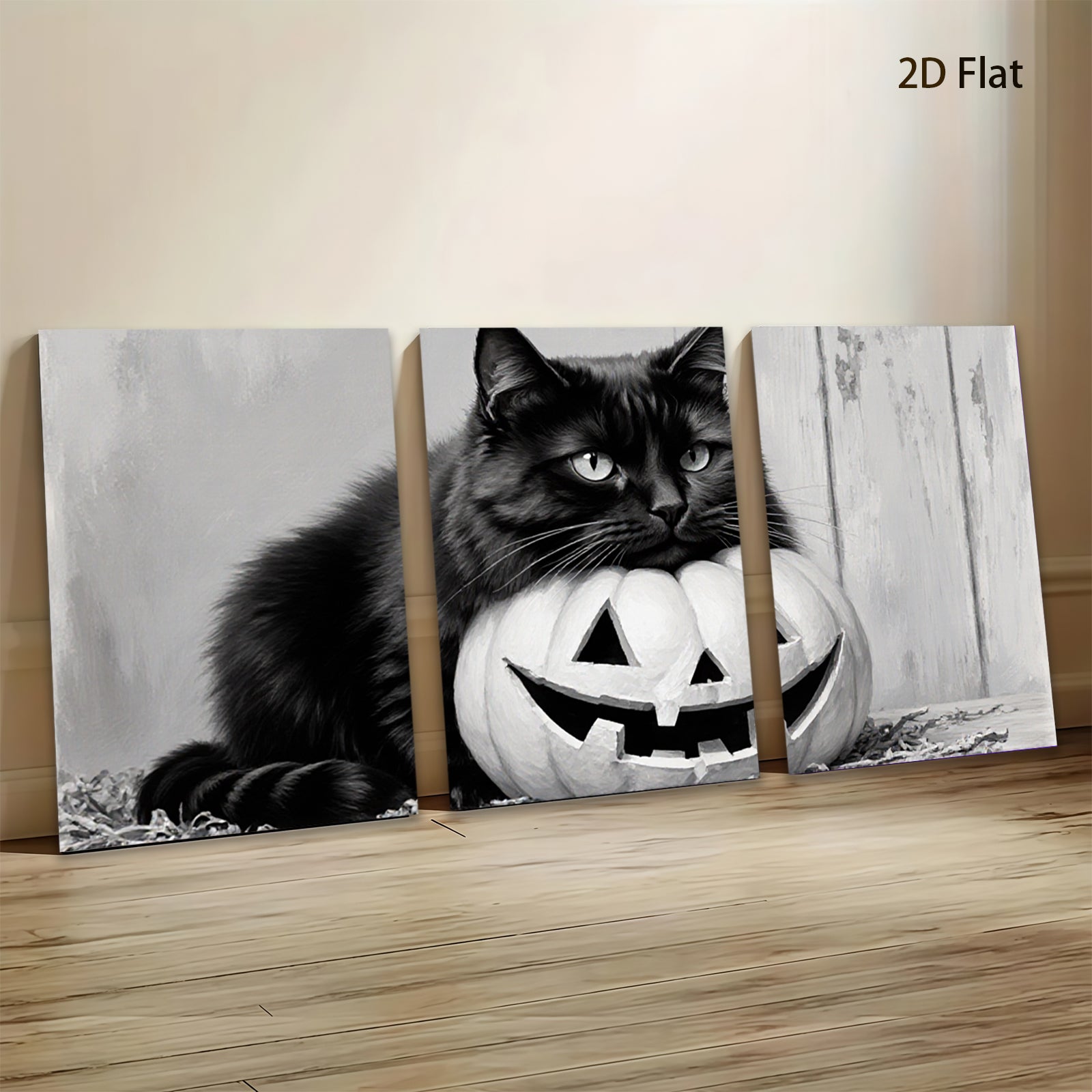 2D flat 1pc Spooky Black Cat with Jack O Lantern Halloween Decor for Living Room Bedroom Gallery Wall Art Modern Farmhouse Style