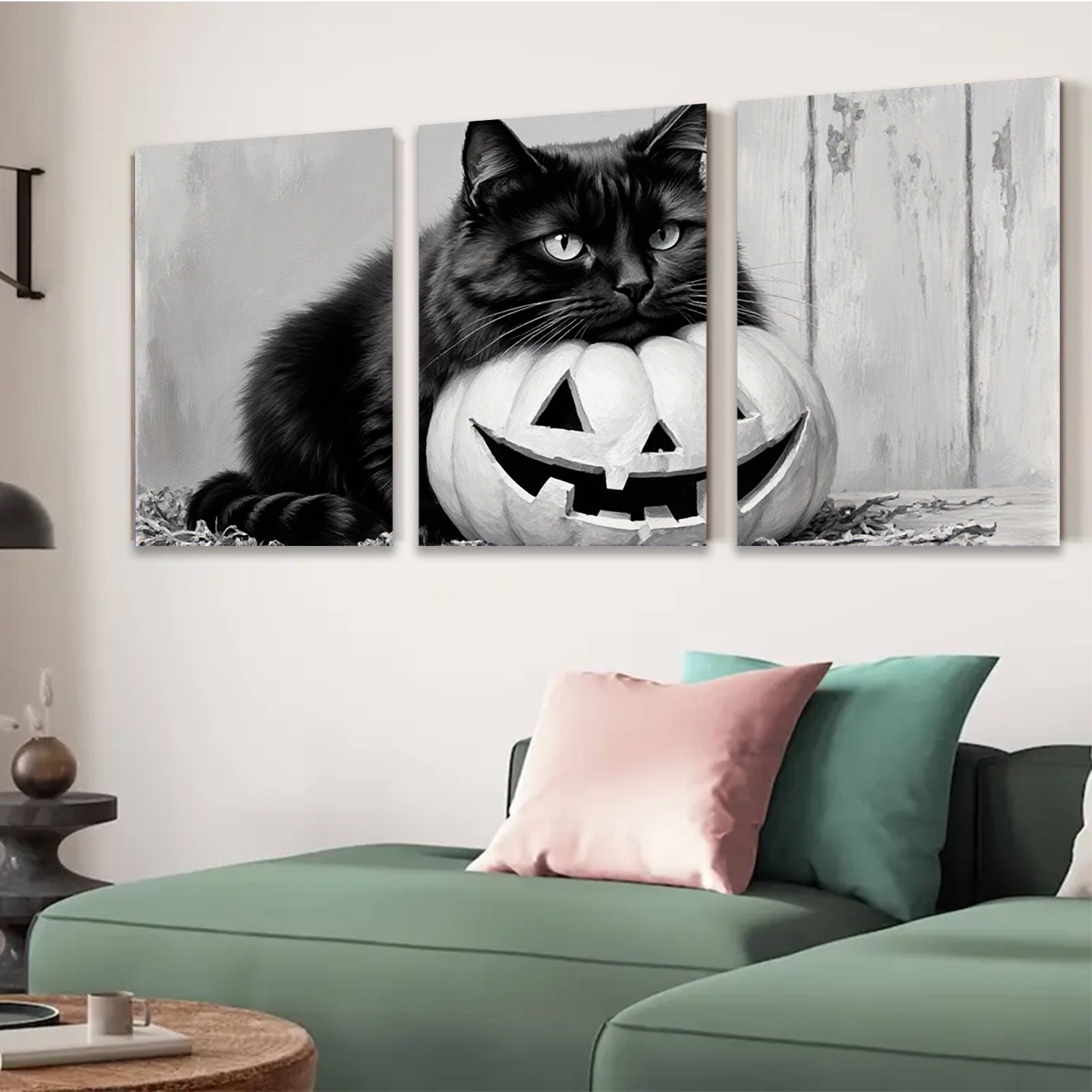 2D flat 1pc Spooky Black Cat with Jack O Lantern Halloween Decor for Living Room Bedroom Gallery Wall Art Modern Farmhouse Style