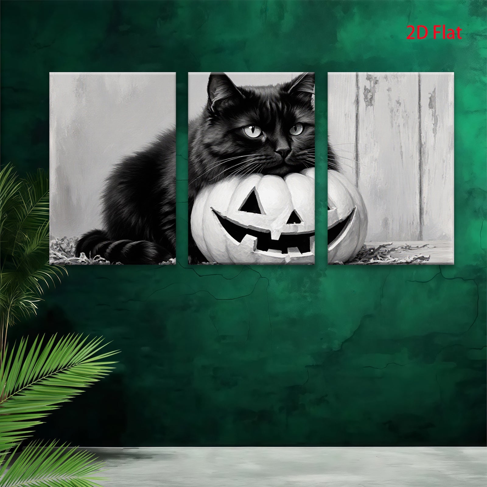 2D flat 1pc Spooky Black Cat with Jack O Lantern Halloween Decor for Living Room Bedroom Gallery Wall Art Modern Farmhouse Style