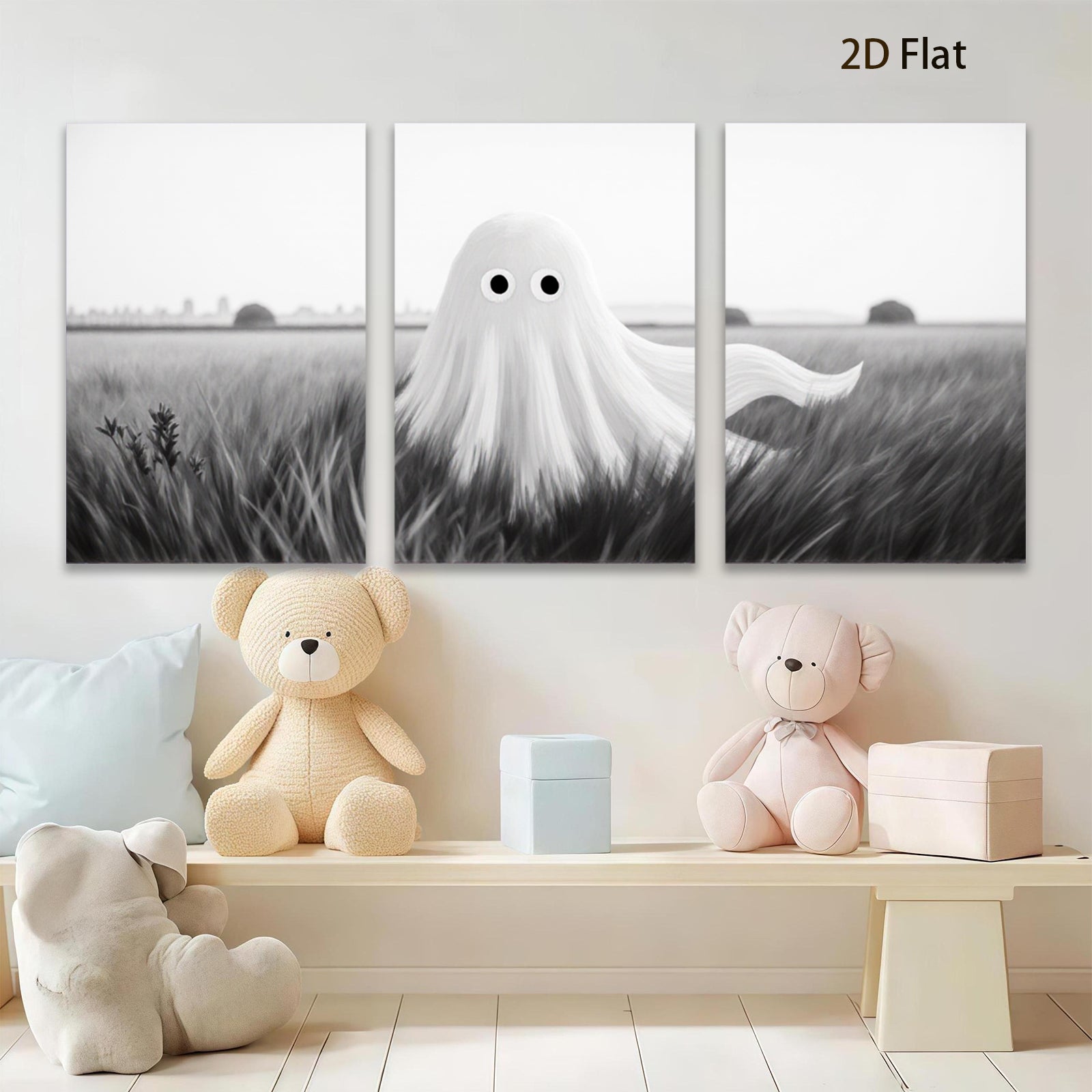 2D flat 1pc Spooky whimsical ghost field canvas wall art for Halloween bedroom living room decor farmhouse style modern minimalist gallery wrapped