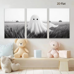 2D flat 1pc Spooky whimsical ghost field canvas wall art for Halloween bedroom living room decor farmhouse style modern minimalist gallery wrapped