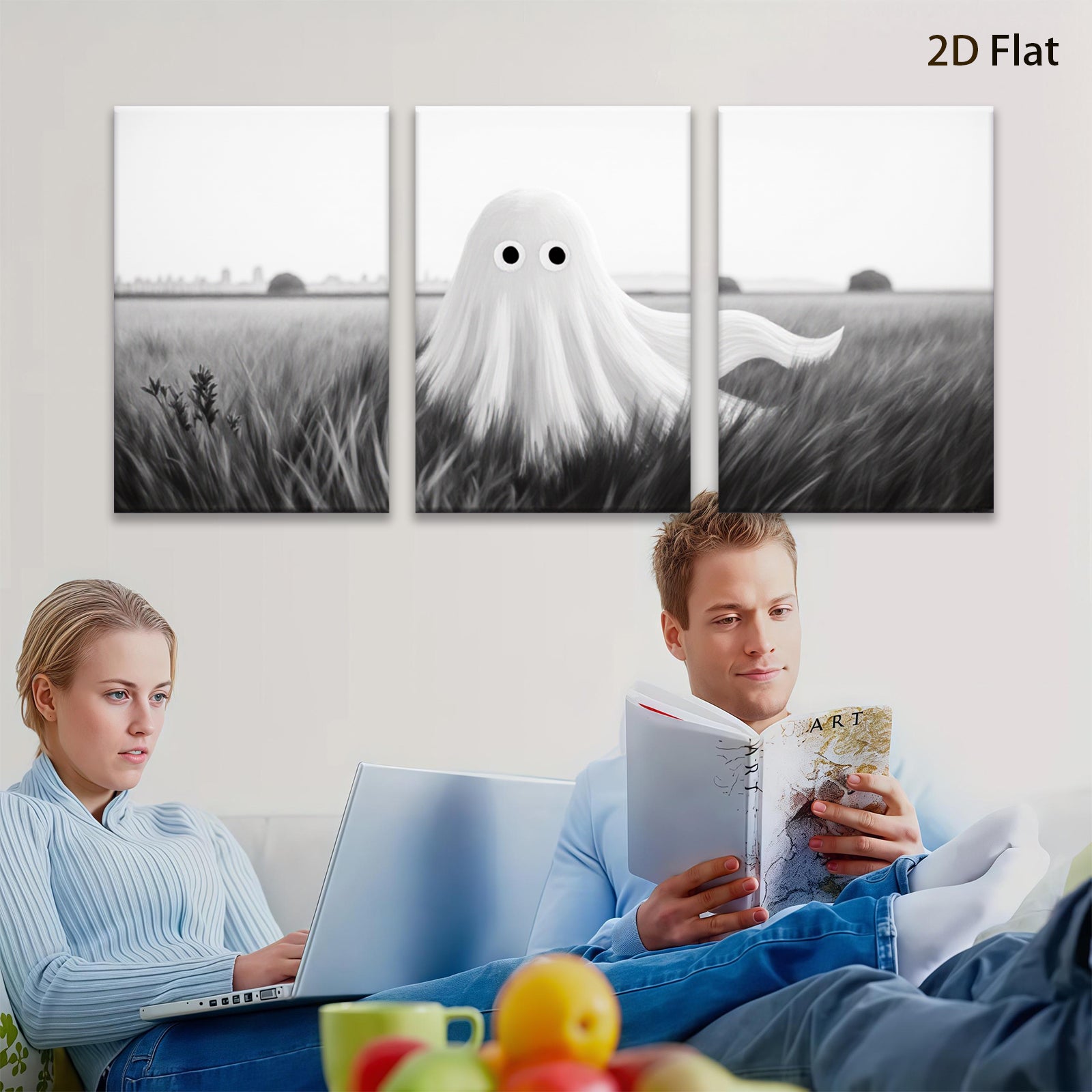 2D flat 1pc Spooky whimsical ghost field canvas wall art for Halloween bedroom living room decor farmhouse style modern minimalist gallery wrapped