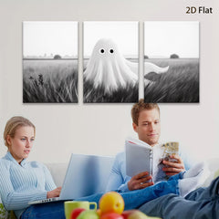 2D flat 1pc Spooky whimsical ghost field canvas wall art for Halloween bedroom living room decor farmhouse style modern minimalist gallery wrapped