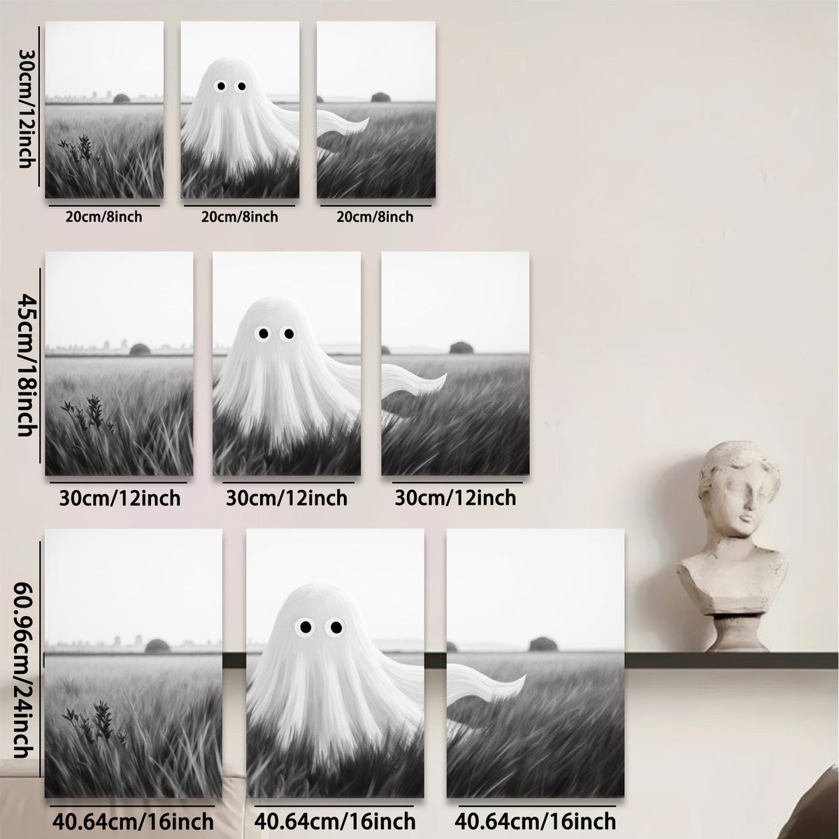 2D flat 1pc Spooky whimsical ghost field canvas wall art for Halloween bedroom living room decor farmhouse style modern minimalist gallery wrapped