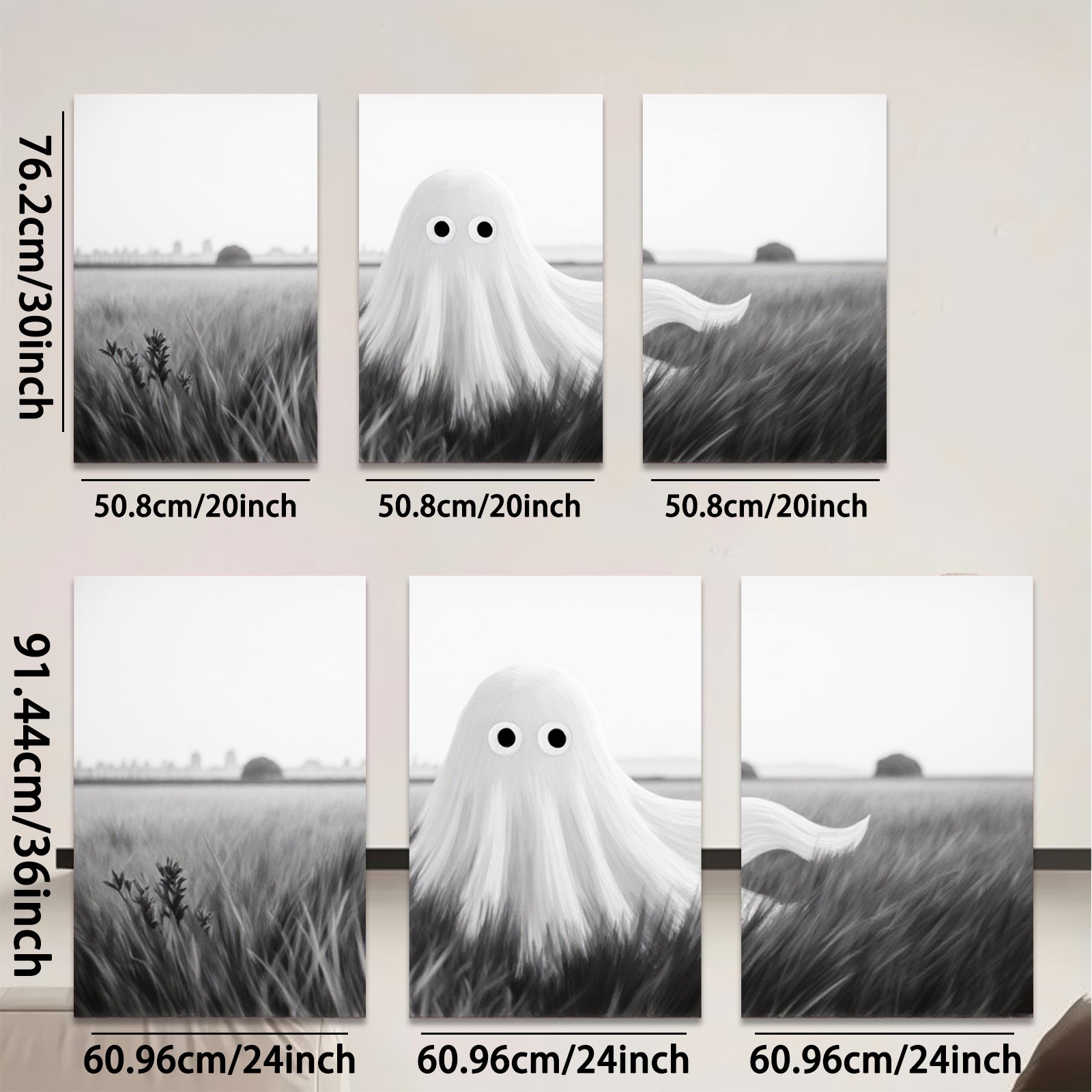 2D flat 1pc Spooky whimsical ghost field canvas wall art for Halloween bedroom living room decor farmhouse style modern minimalist gallery wrapped