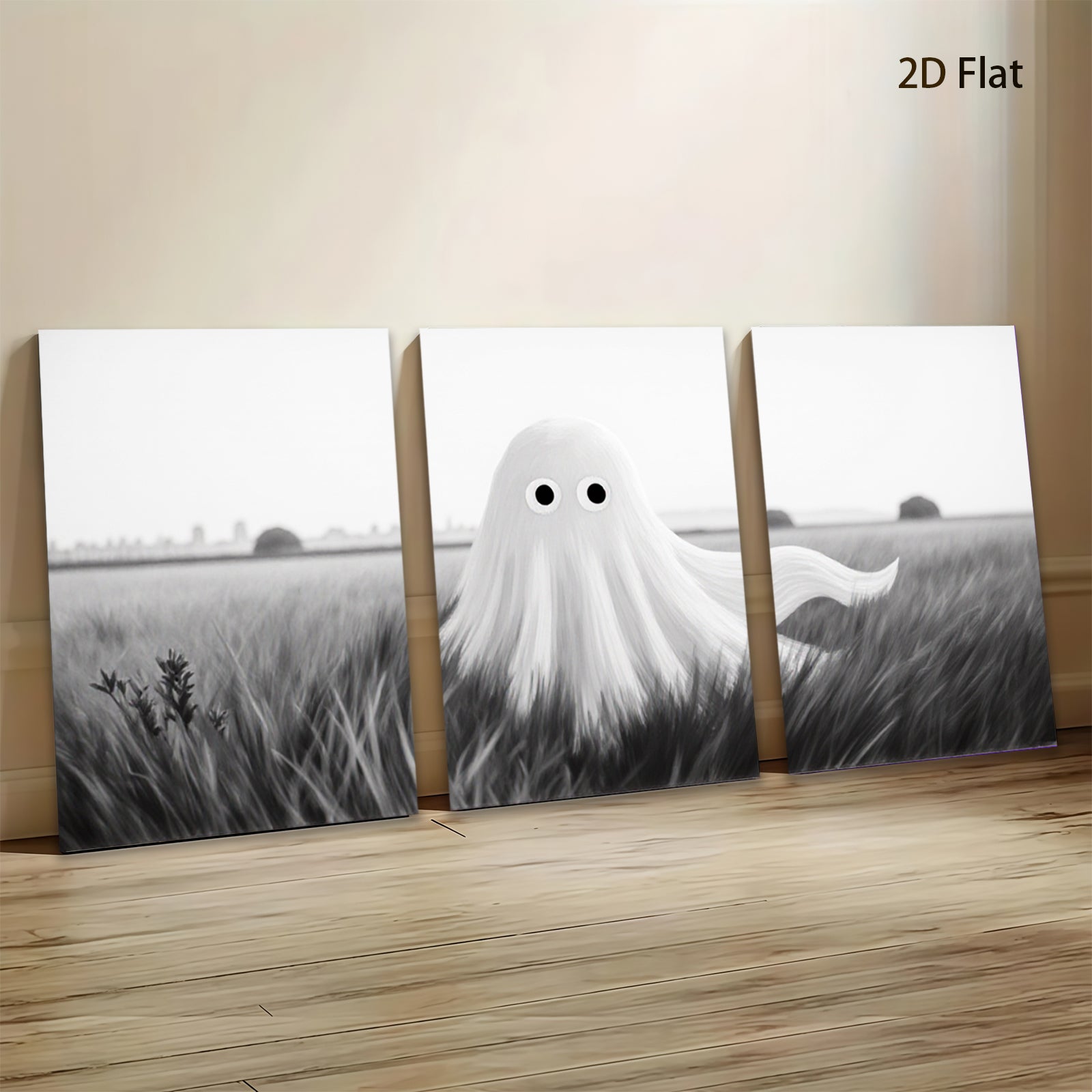 2D flat 1pc Spooky whimsical ghost field canvas wall art for Halloween bedroom living room decor farmhouse style modern minimalist gallery wrapped