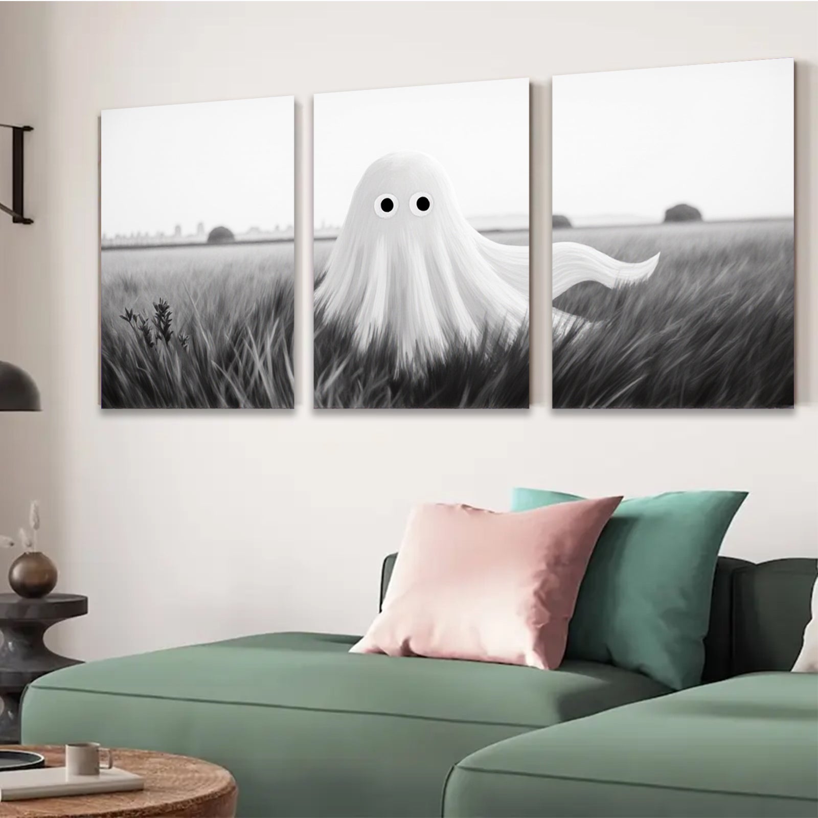 2D flat 1pc Spooky whimsical ghost field canvas wall art for Halloween bedroom living room decor farmhouse style modern minimalist gallery wrapped