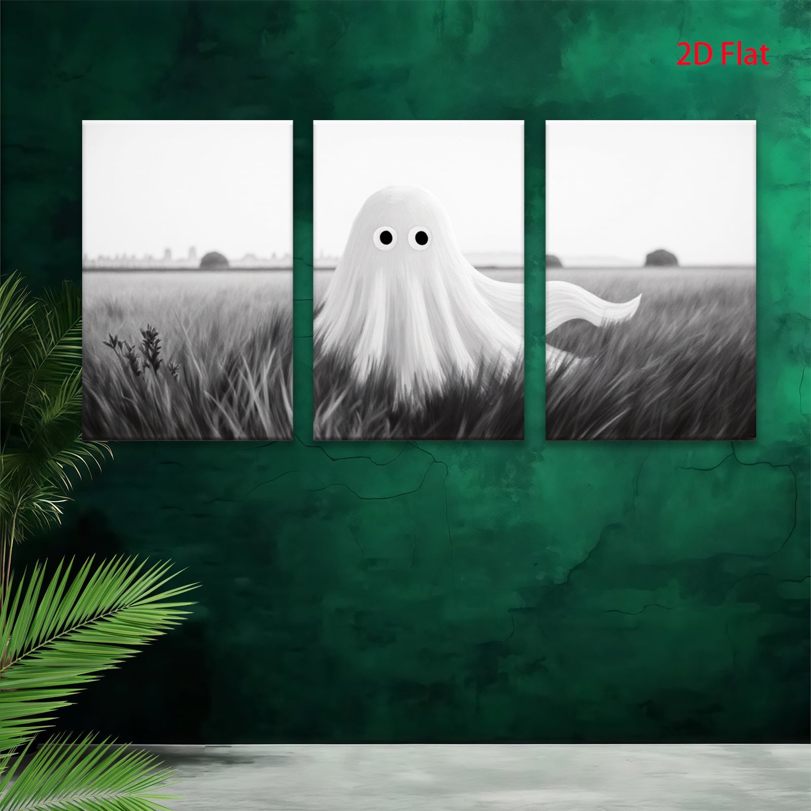 2D flat 1pc Spooky whimsical ghost field canvas wall art for Halloween bedroom living room decor farmhouse style modern minimalist gallery wrapped